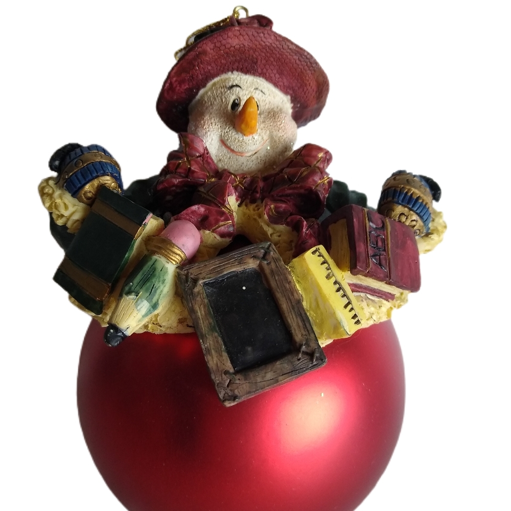 Snowman Teacher Christmas Ornament Gift Red Green 7.5" Tall Glitter Face EUC